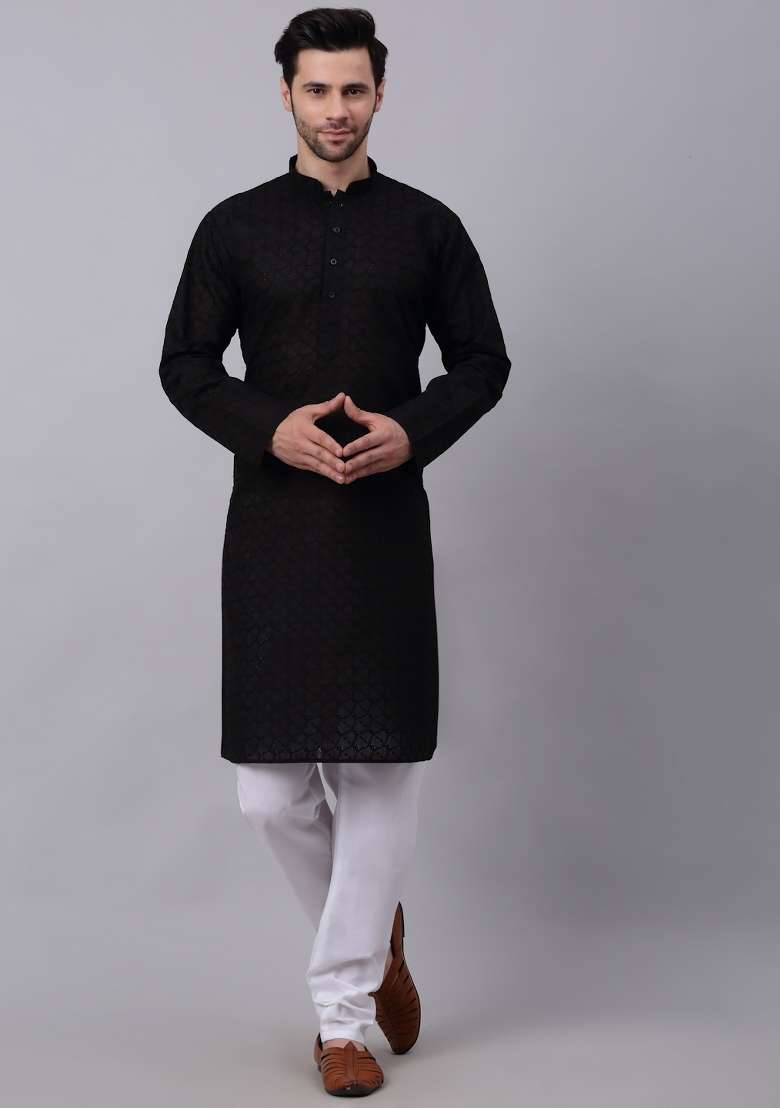 Black Chikenkari Cotton Kurta For Men - Indya