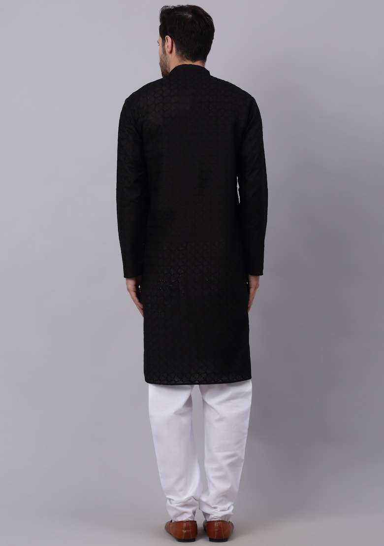 Black Chikenkari Cotton Kurta For Men - Indya