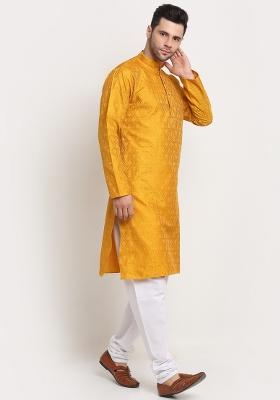 Yellow Woven Design Silk Blend Kurta For Men