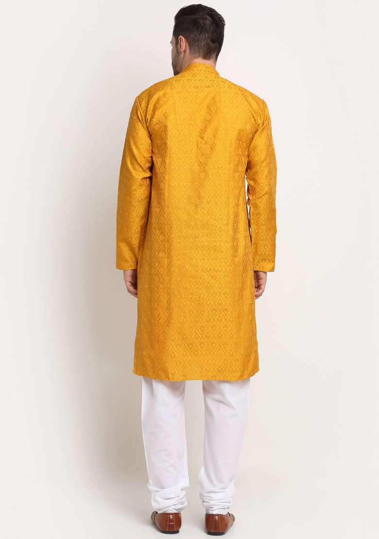 Yellow Woven Design Silk Blend Kurta For Men - Indya