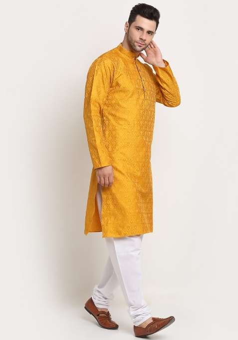 Yellow Woven Design Silk Blend Kurta For Men