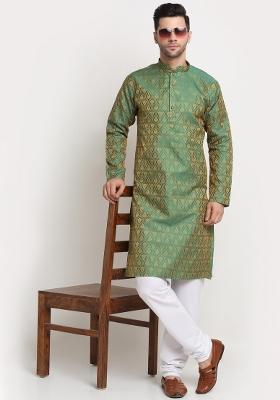Green Woven Design Silk Blend Kurta For Men
