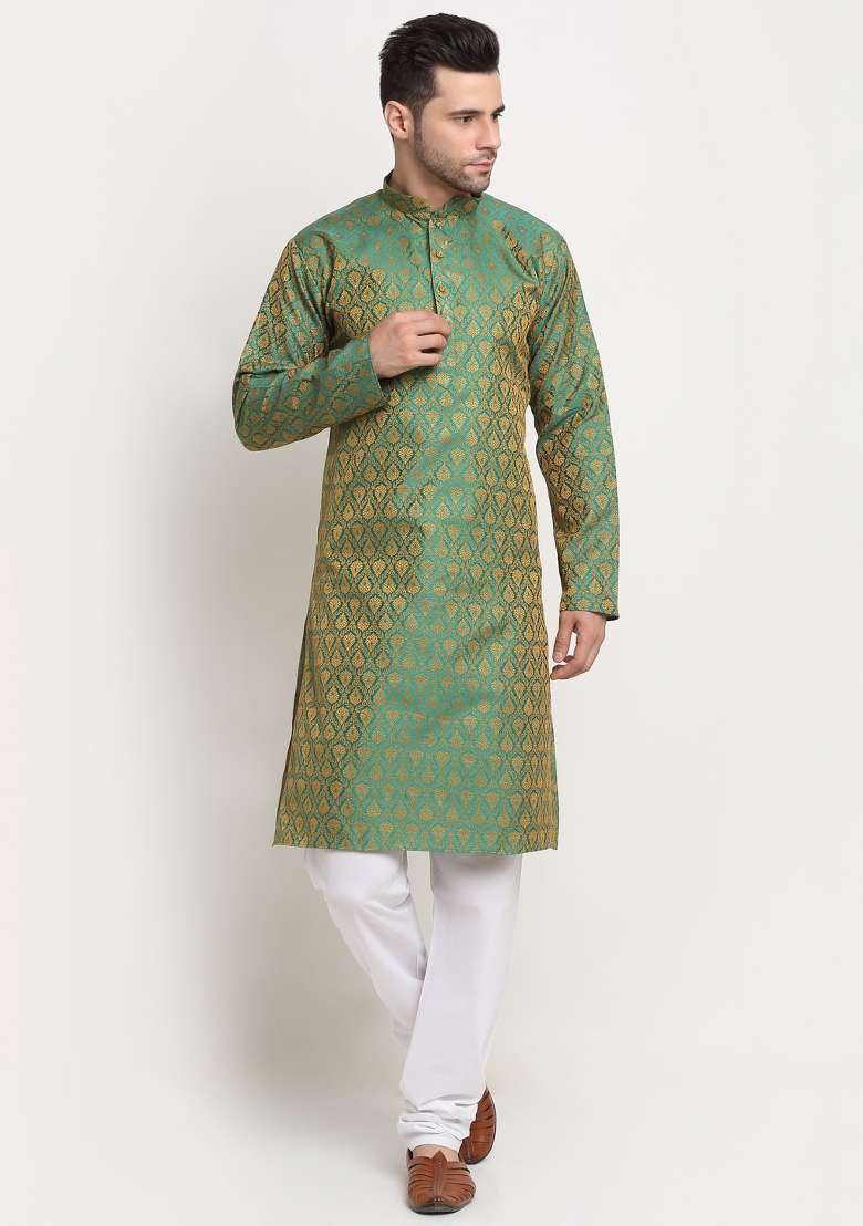 Green Woven Design Silk Blend Kurta For Men - Indya