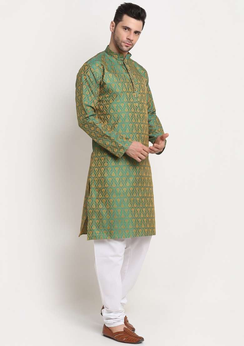 Green Woven Design Silk Blend Kurta For Men - Indya