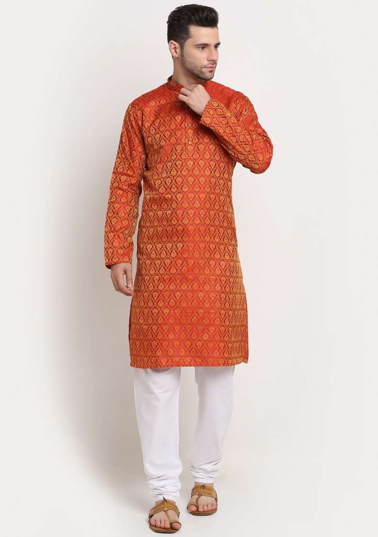 Red Woven Design Silk Blend Kurta For Men - Indya