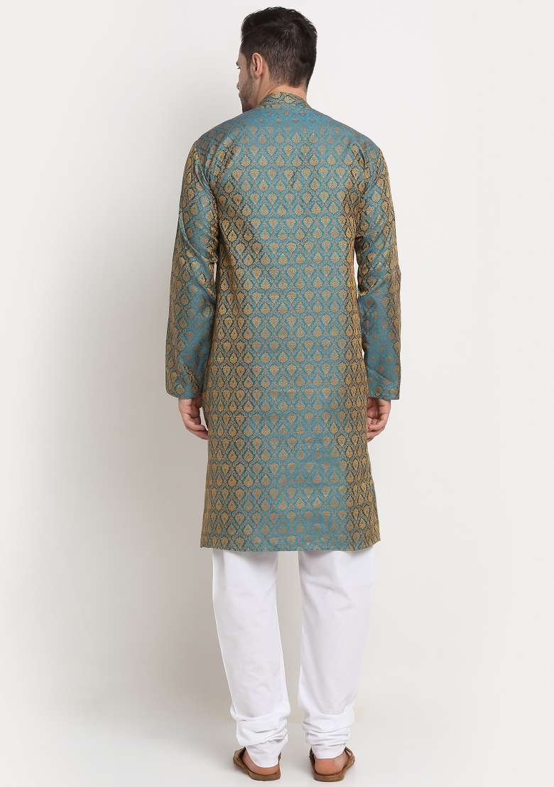 Blue Woven Design Silk Blend Kurta For Men - Indya