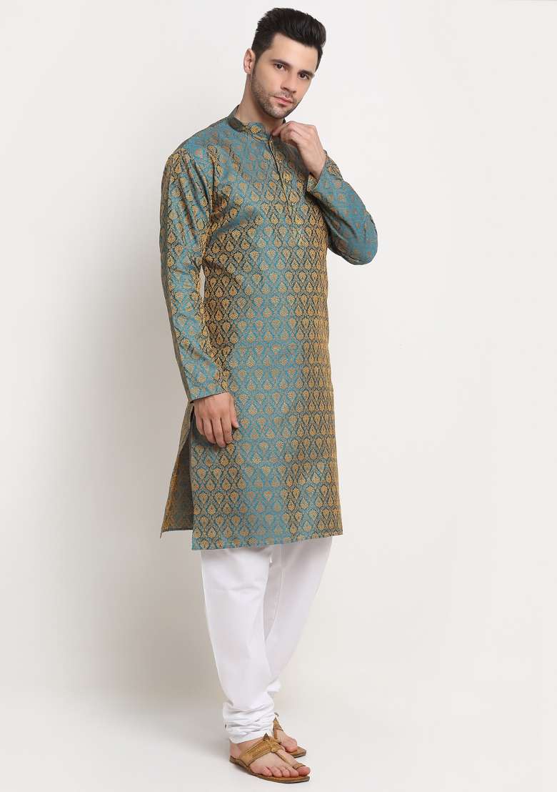 Blue Woven Design Silk Blend Kurta For Men - Indya