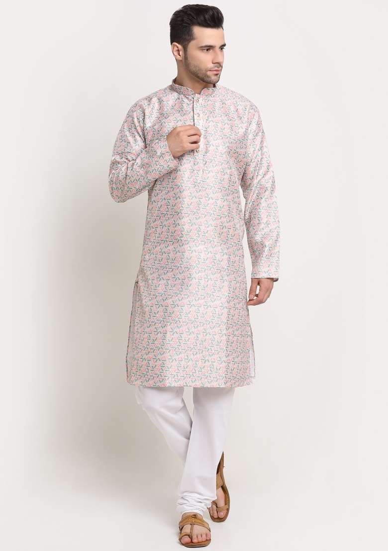 Green Woven Design Silk Blend Kurta For Men - Indya