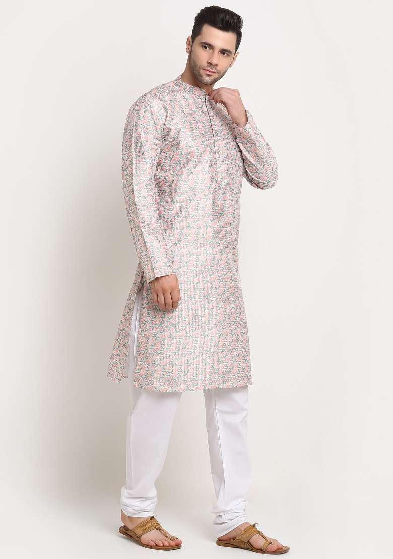 Green Woven Design Silk Blend Kurta For Men - Indya