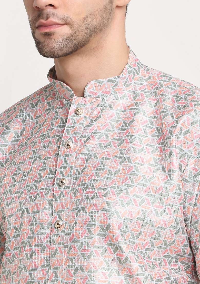 Green Woven Design Silk Blend Kurta For Men - Indya