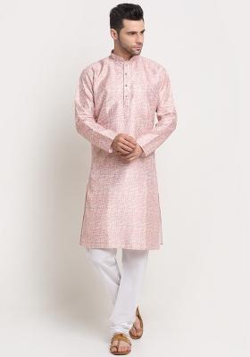 Pink Woven Design Silk Blend Kurta For Men