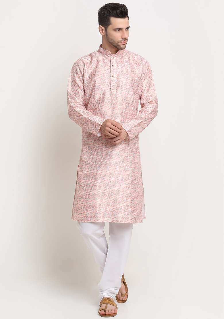 Pink Woven Design Silk Blend Kurta For Men - Indya