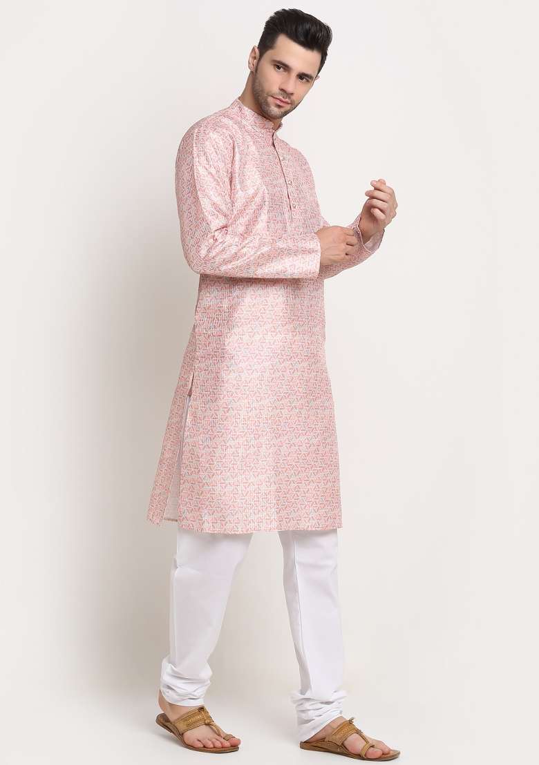 Pink Woven Design Silk Blend Kurta For Men - Indya