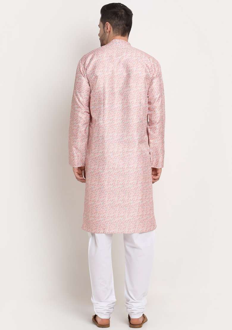 Pink Woven Design Silk Blend Kurta For Men - Indya