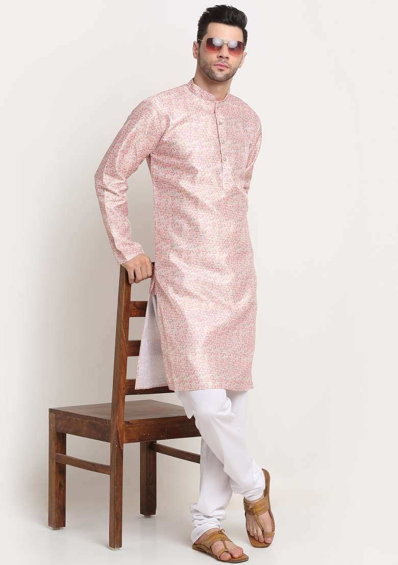 Pink Woven Design Silk Blend Kurta For Men - Indya