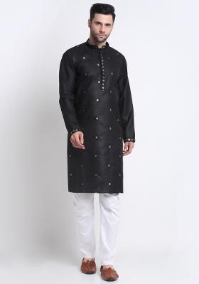 Black Floral Printed Cotton Kurta For Men