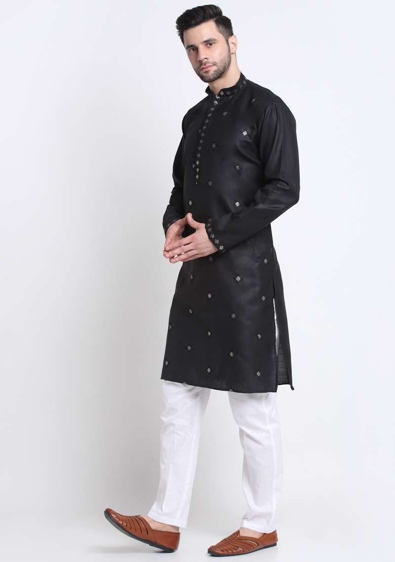 Black Floral Printed Cotton Kurta For Men - Indya