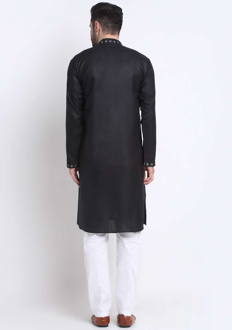 Black Floral Printed Cotton Kurta For Men - Indya
