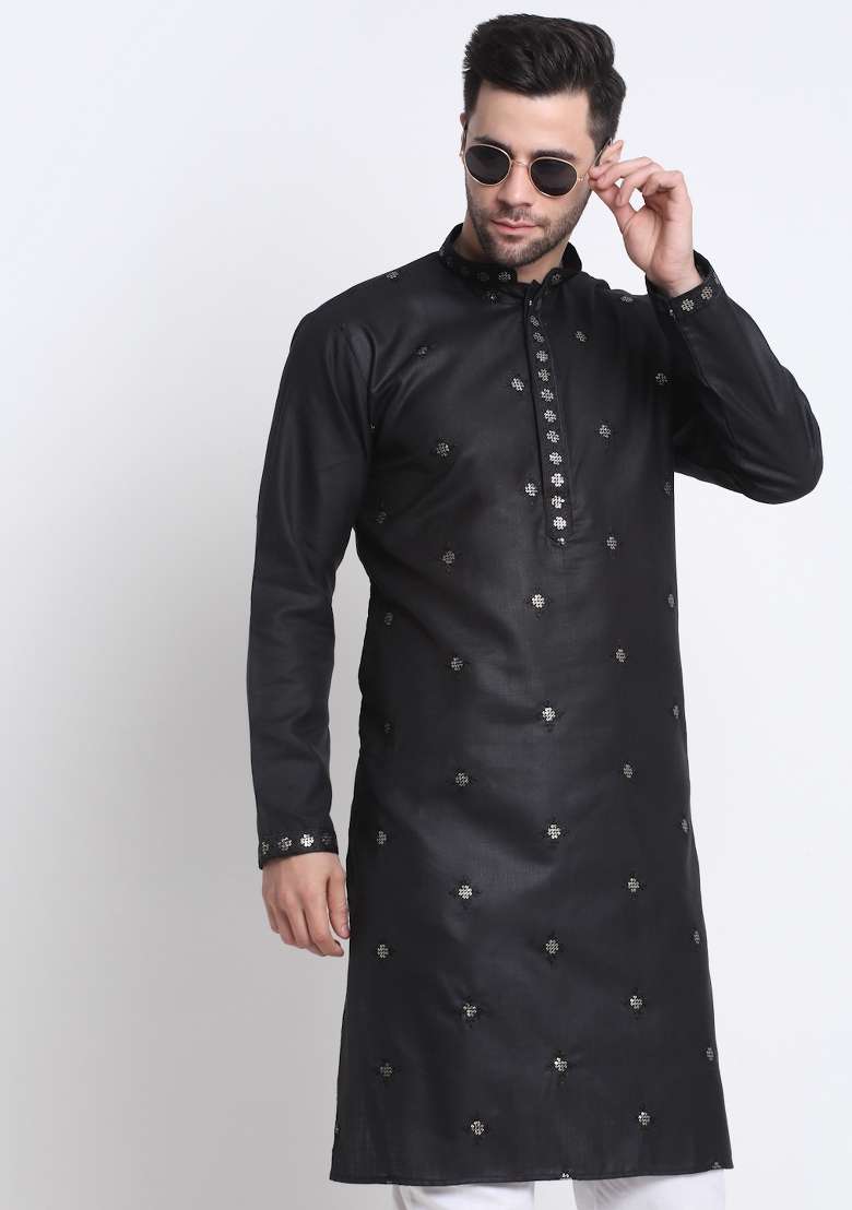 Black Floral Printed Cotton Kurta For Men - Indya