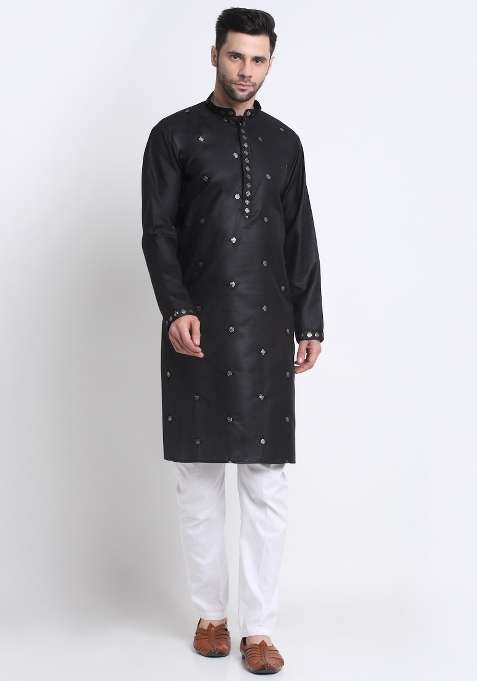 Black Floral Printed Cotton Kurta For Men