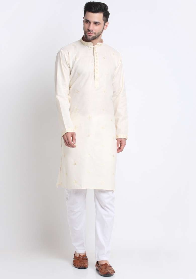 Cream Floral Printed Cotton Kurta For Men - Indya