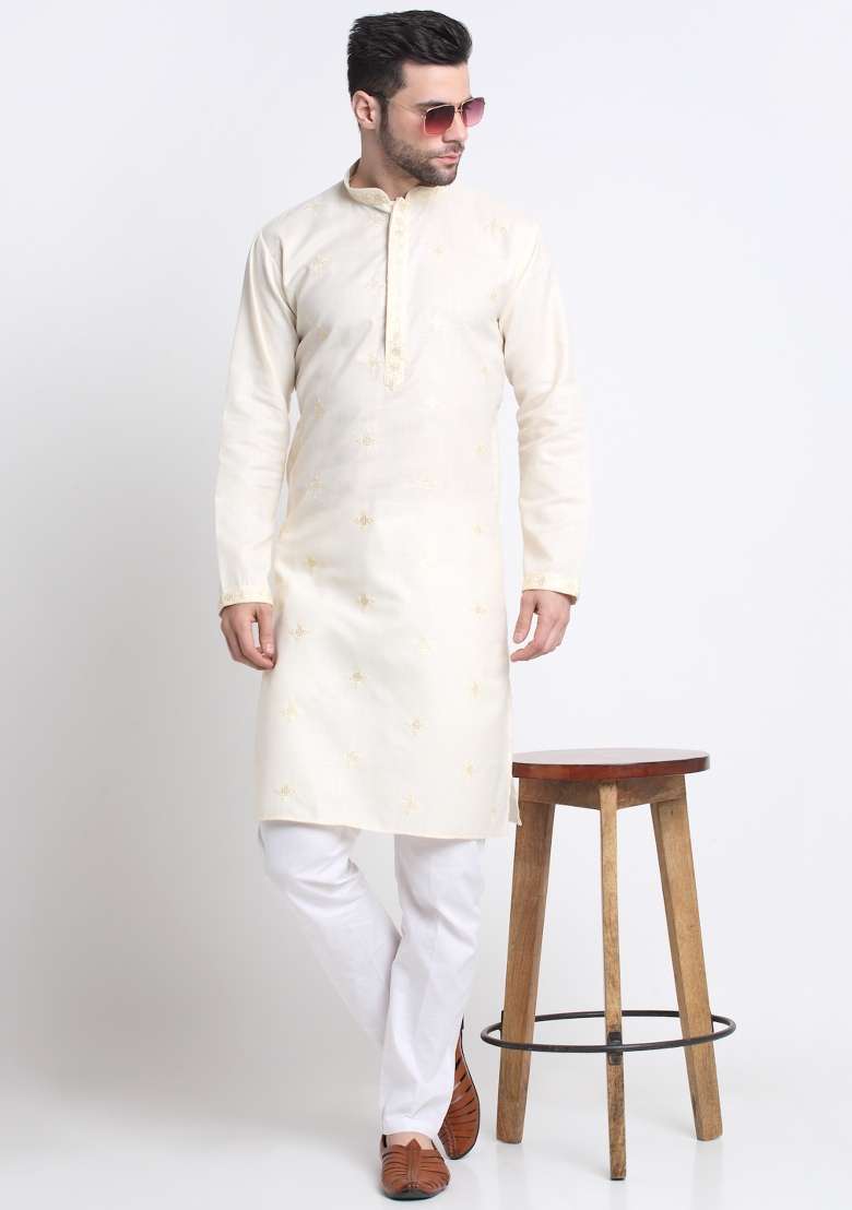 Cream Floral Printed Cotton Kurta For Men - Indya