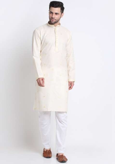 Cream Floral Printed Cotton Kurta For Men