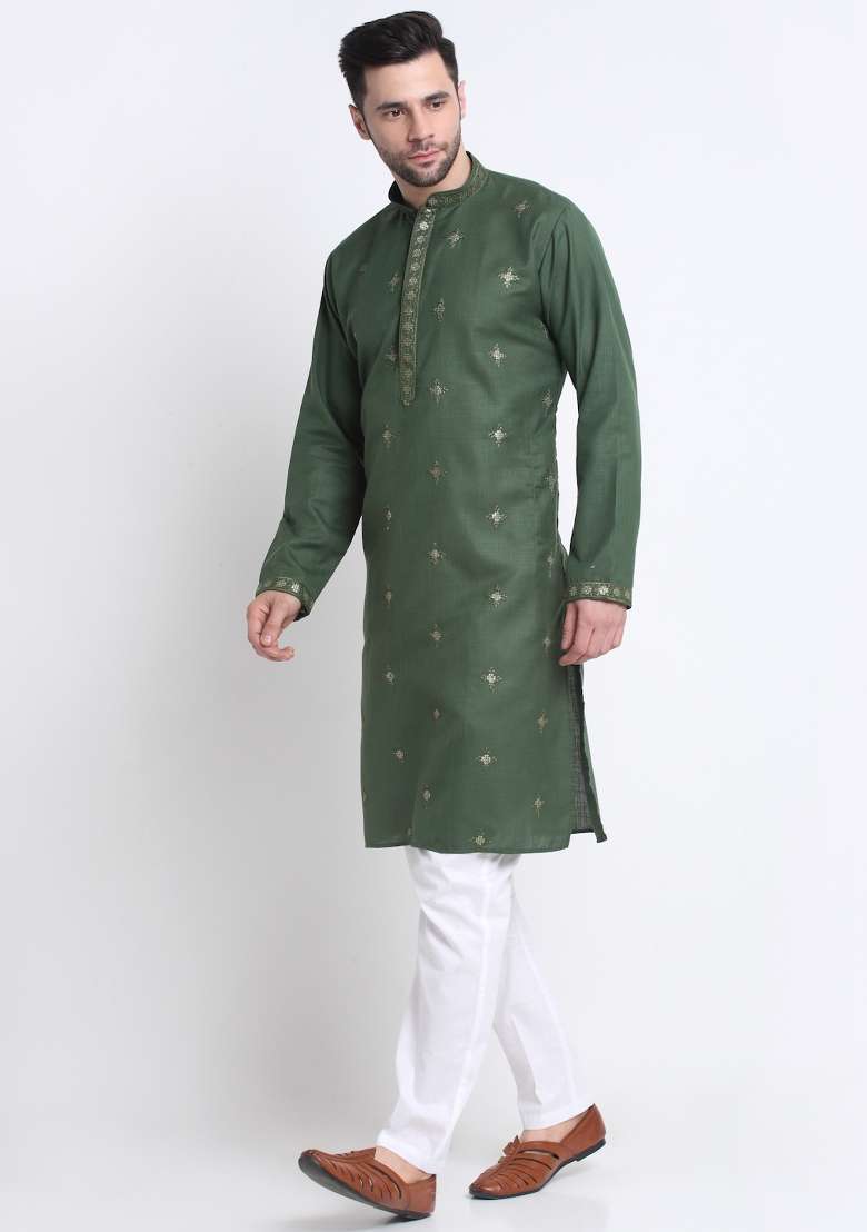 Mehendi Green Floral Printed Cotton Kurta For Men - Indya