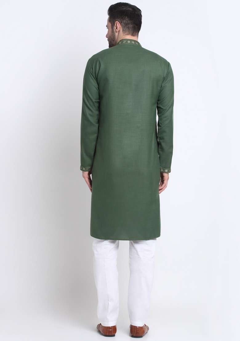 Mehendi Green Floral Printed Cotton Kurta For Men - Indya