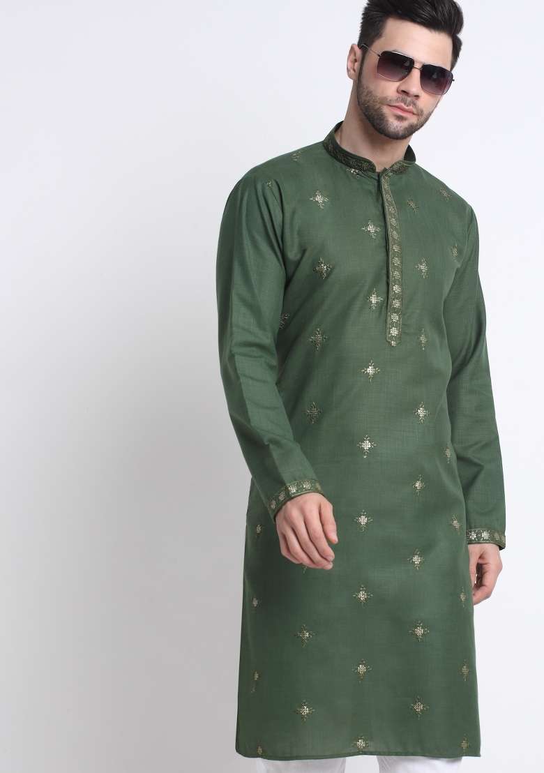 Mehendi Green Floral Printed Cotton Kurta For Men - Indya