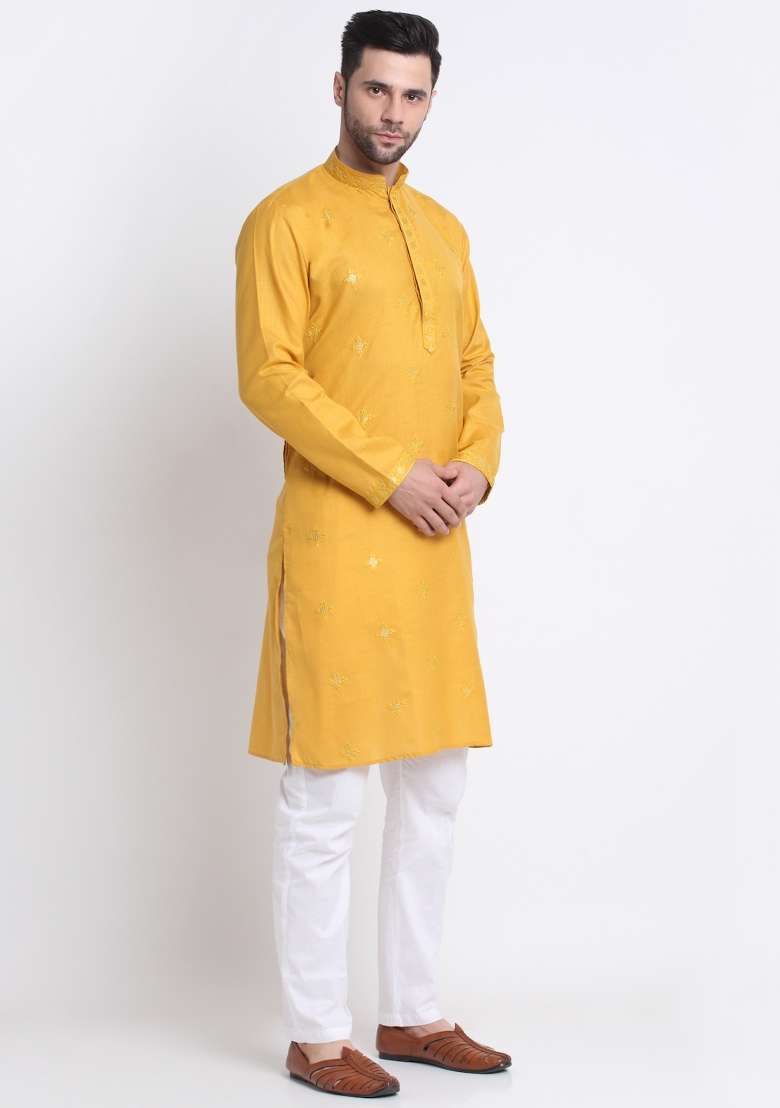 Mustard Yellow Floral Printed Cotton Kurta For Men - Indya