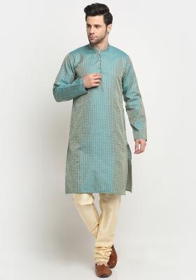 Blue Woven Design Silk Blend Kurta For Men