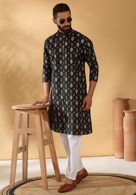 Black Printed Cotton Blend Kurta Set For Men
