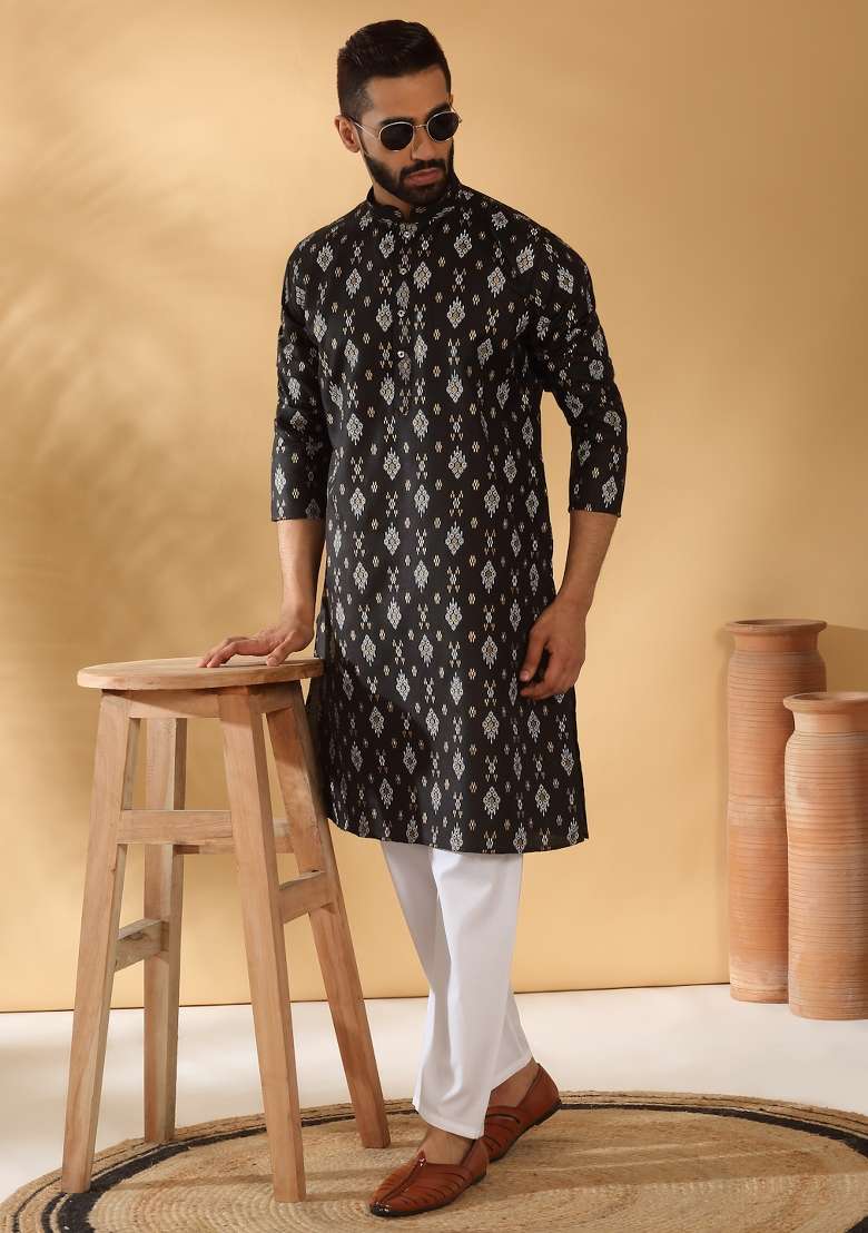 Black Printed Cotton Blend Kurta Set For Men - Indya