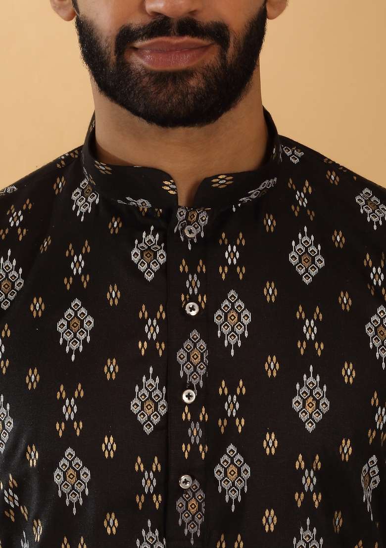 Black Printed Cotton Blend Kurta Set For Men - Indya