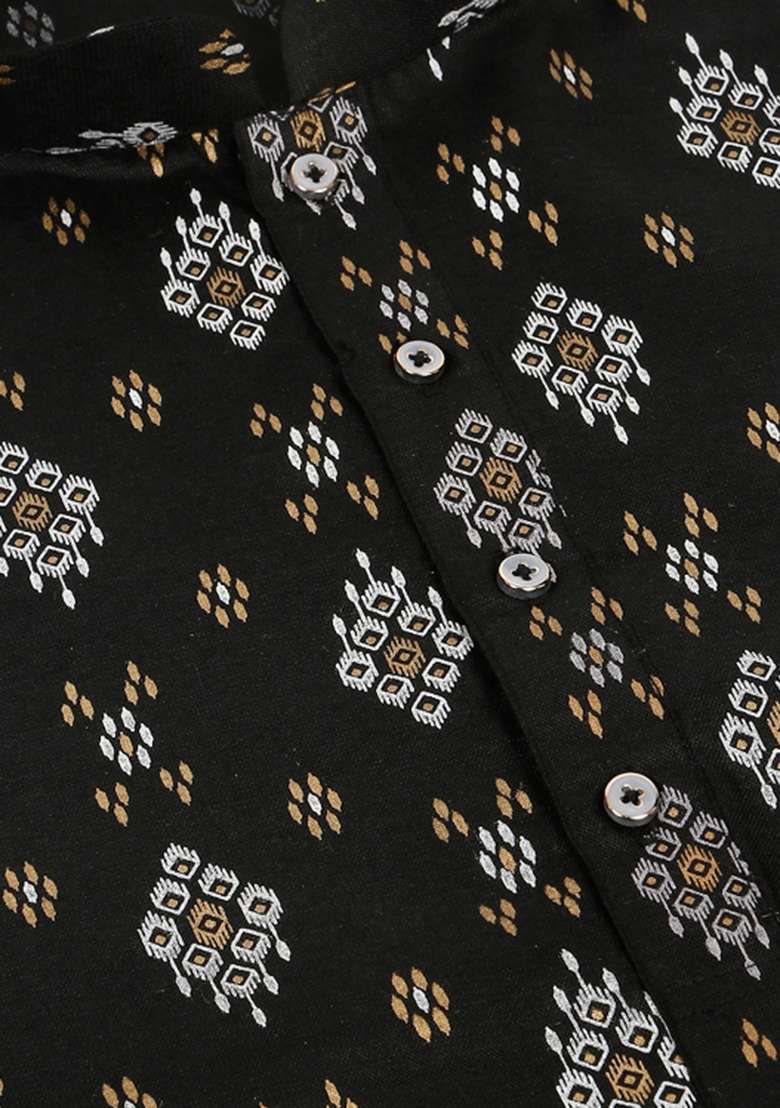 Black Printed Cotton Blend Kurta Set For Men - Indya