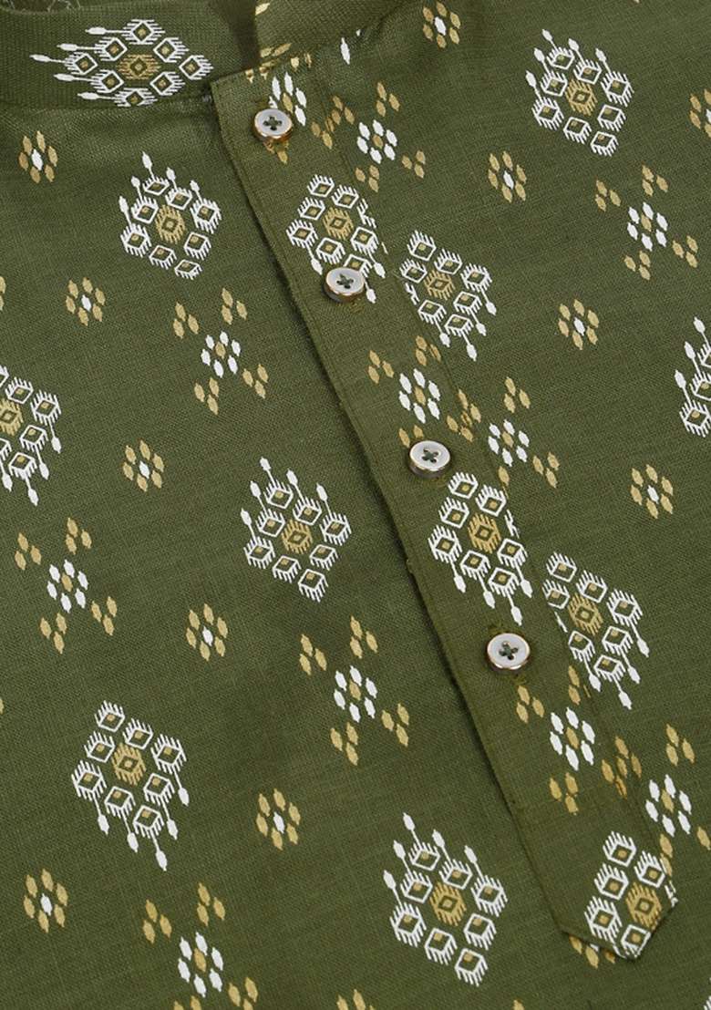 Green Printed Cotton Blend Kurta Set For Men - Indya
