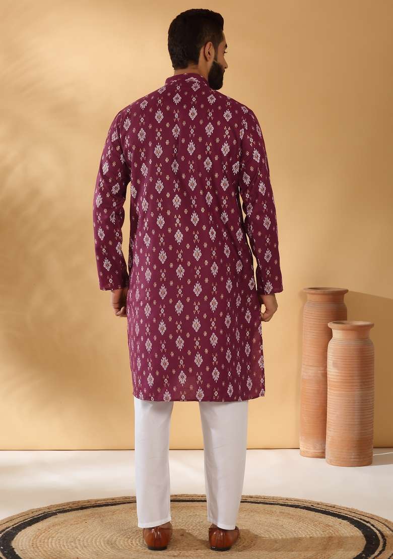 Maroon Printed Cotton Blend Kurta Set For Men - Indya
