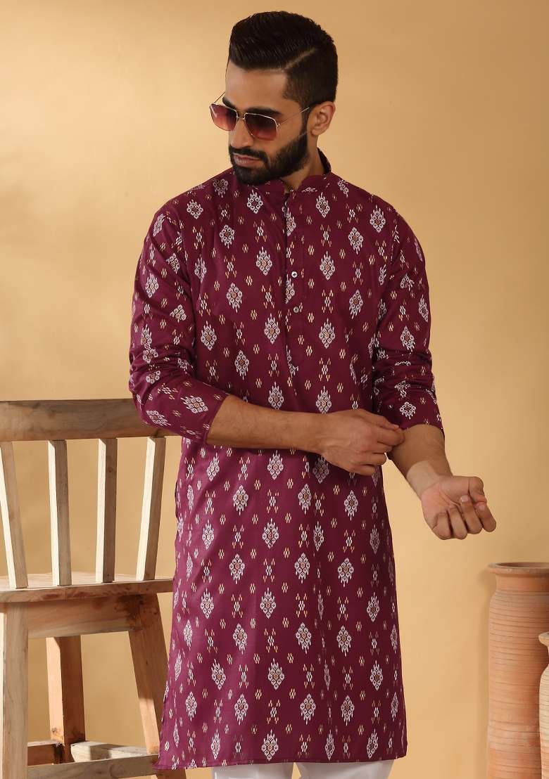 Maroon Printed Cotton Blend Kurta Set For Men - Indya