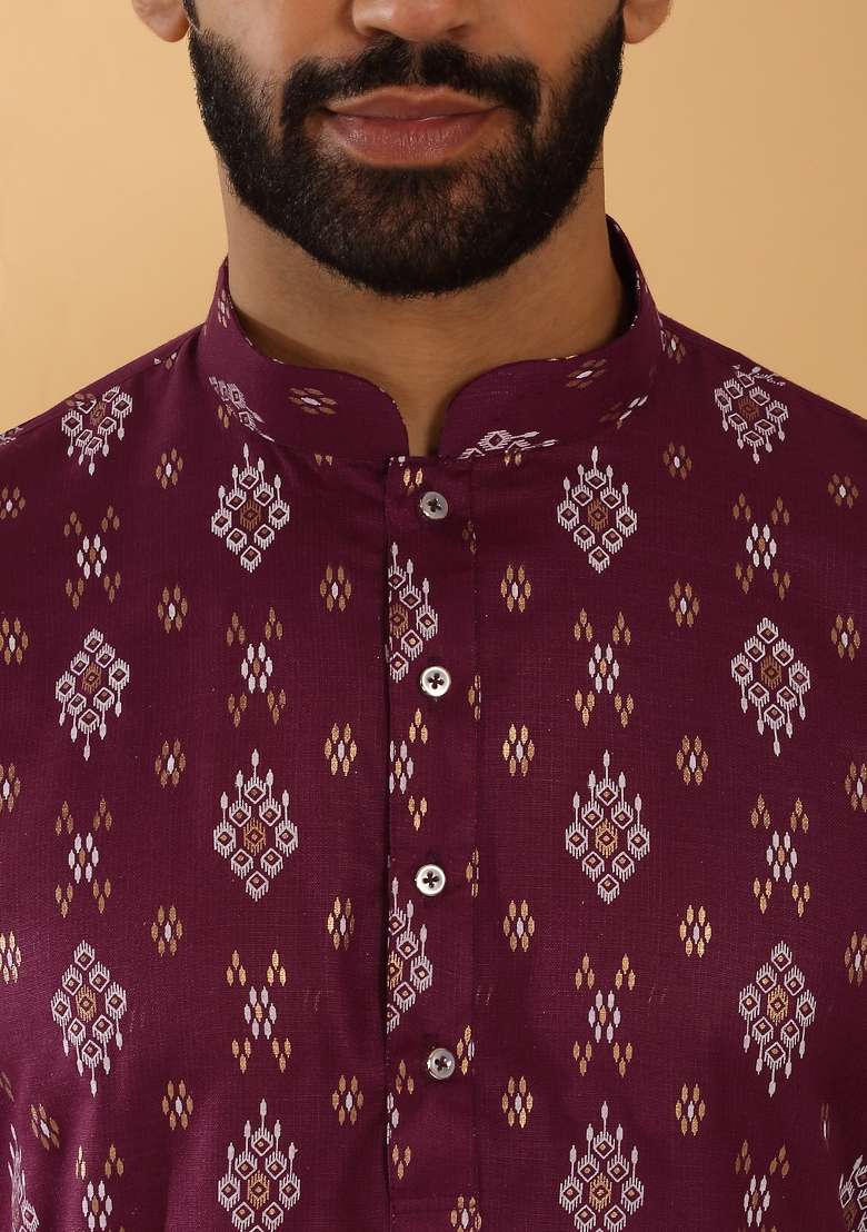 Maroon Printed Cotton Blend Kurta Set For Men - Indya