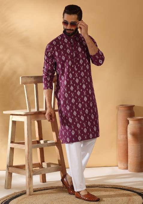 Maroon Printed Cotton Blend Kurta Set For Men