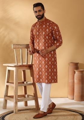 Rust Brown Printed Cotton Blend Kurta Set For Men