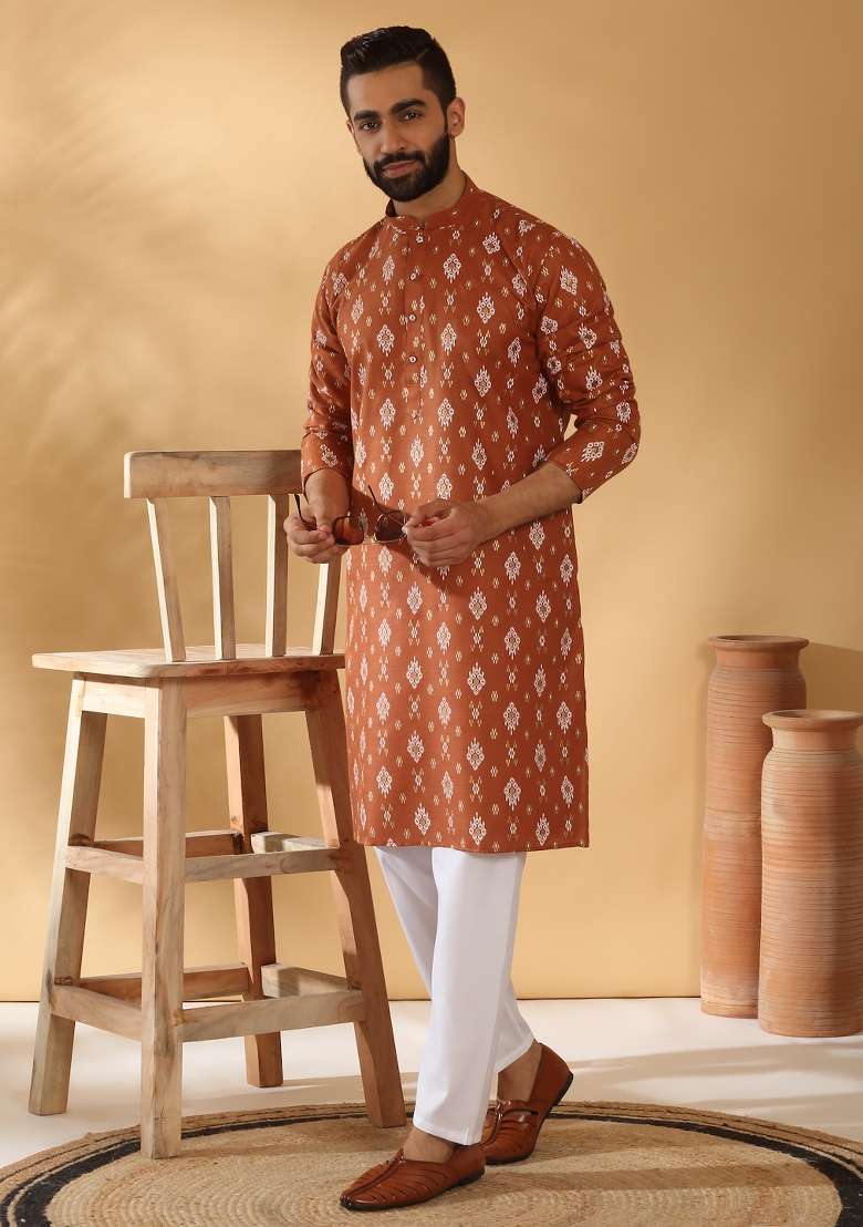 Rust Brown Printed Cotton Blend Kurta Set For Men - Indya