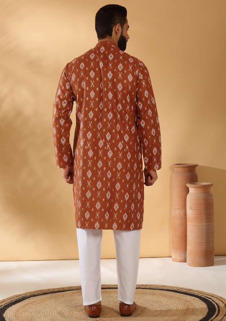 Rust Brown Printed Cotton Blend Kurta Set For Men - Indya