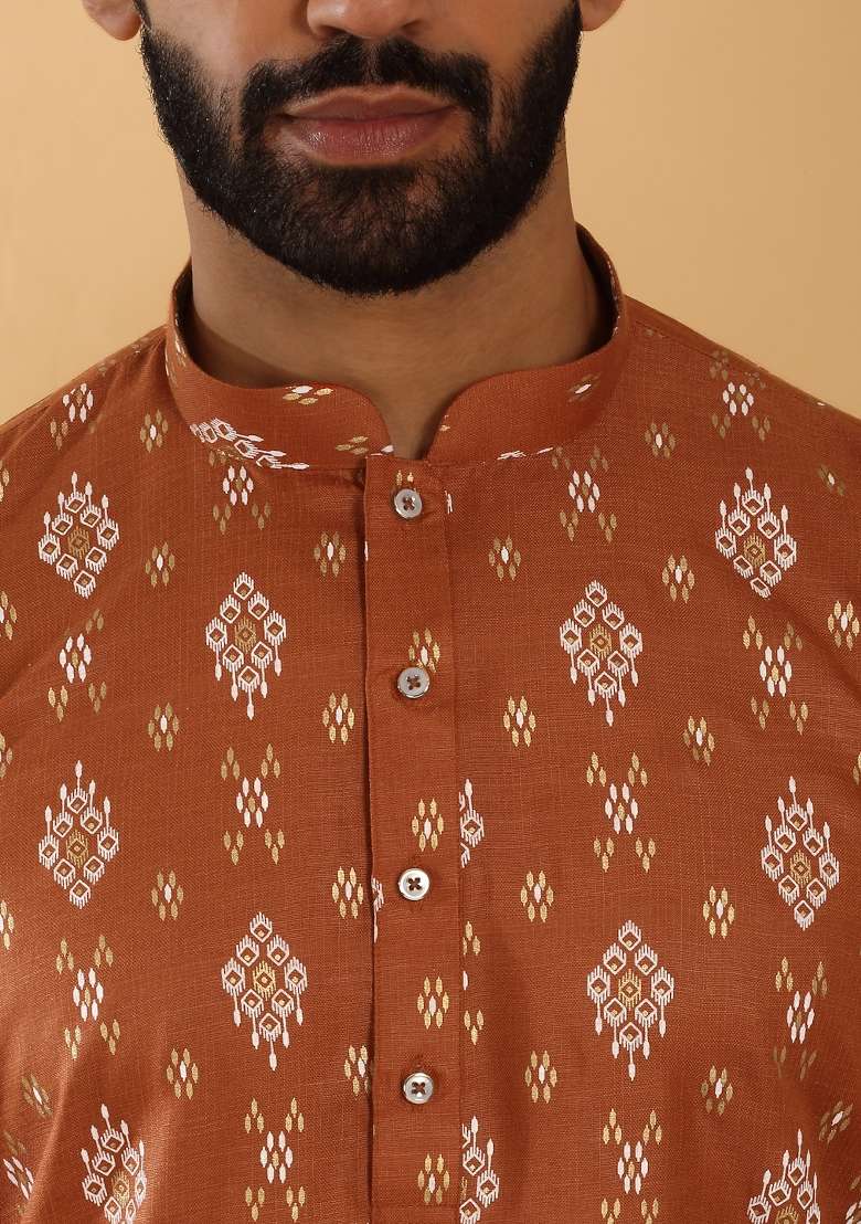 Rust Brown Printed Cotton Blend Kurta Set For Men - Indya