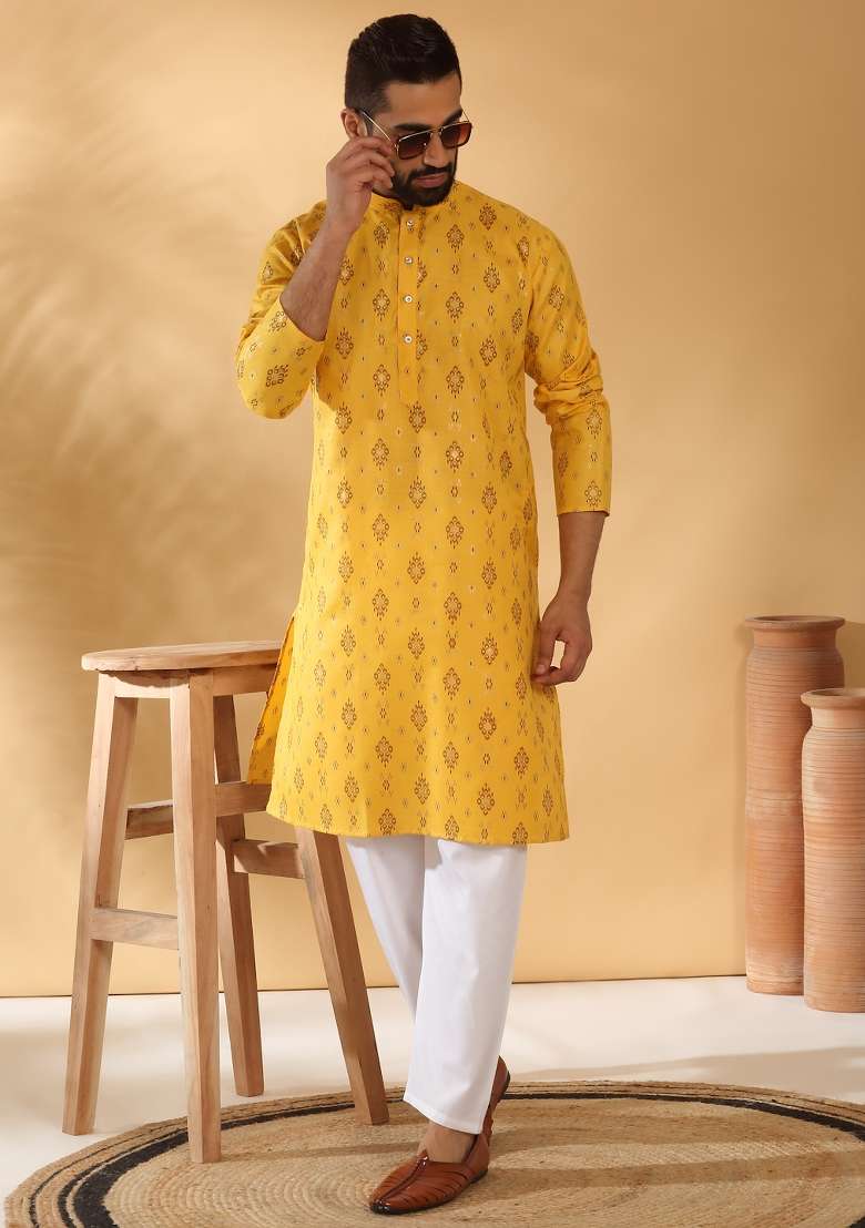 Yellow Printed Cotton Blend Kurta Set For Men - Indya