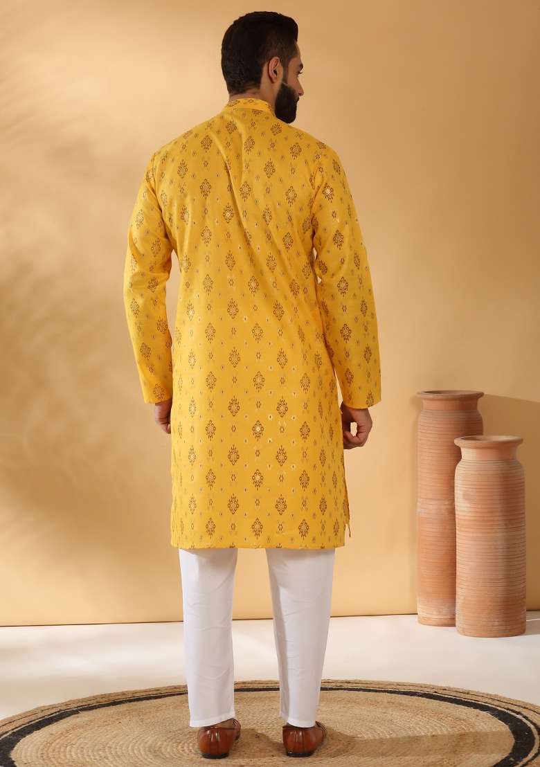 Yellow Printed Cotton Blend Kurta Set For Men - Indya