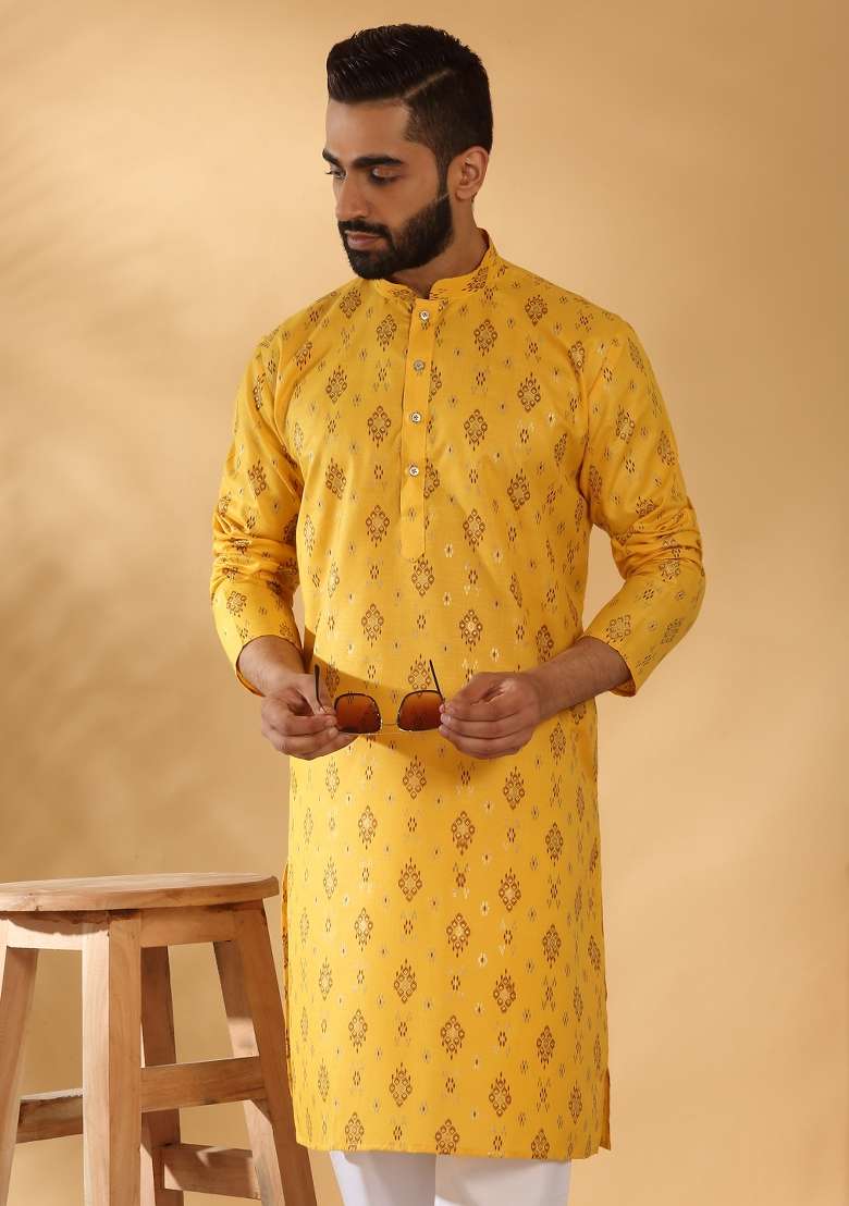 Yellow Printed Cotton Blend Kurta Set For Men - Indya