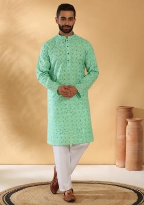 Green Printed Cotton Blend Kurta Set For Men