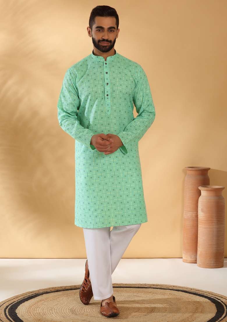 Green Printed Cotton Blend Kurta Set For Men - Indya